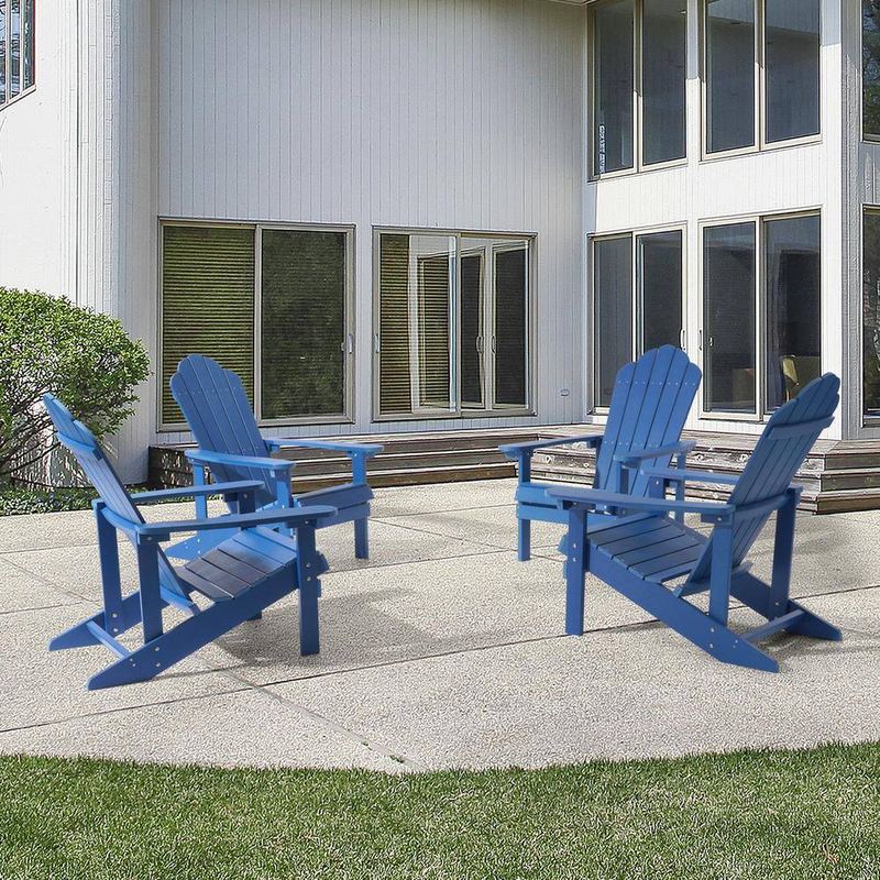 JOYESERY - Navy Blue HDPE Plastic Foldable Adirondack Patio Chair Ergonomic Outdoor Furniture with Cup Holder, (Set of 4)
