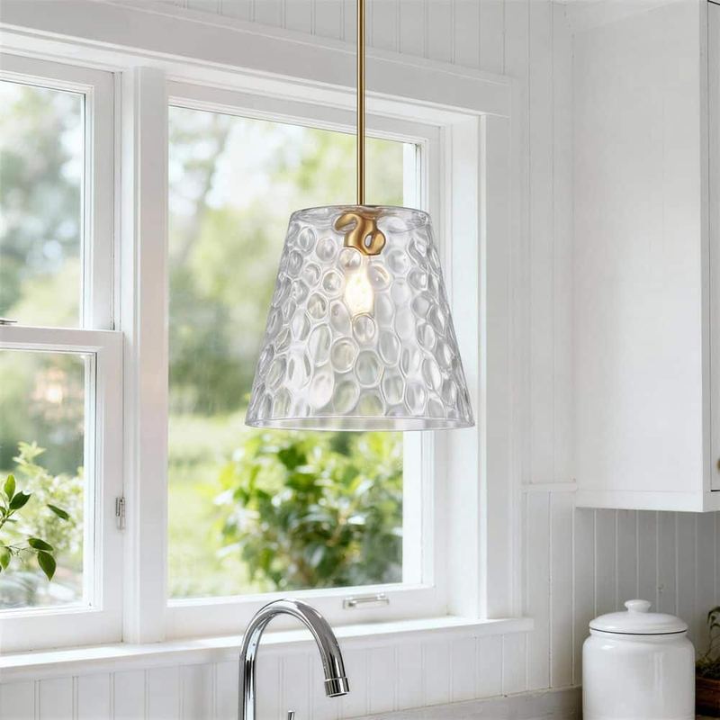KAWOTI - 14 in. 1-Light Brushed Gold Pendant Light with Clear Hammered Glass Shade