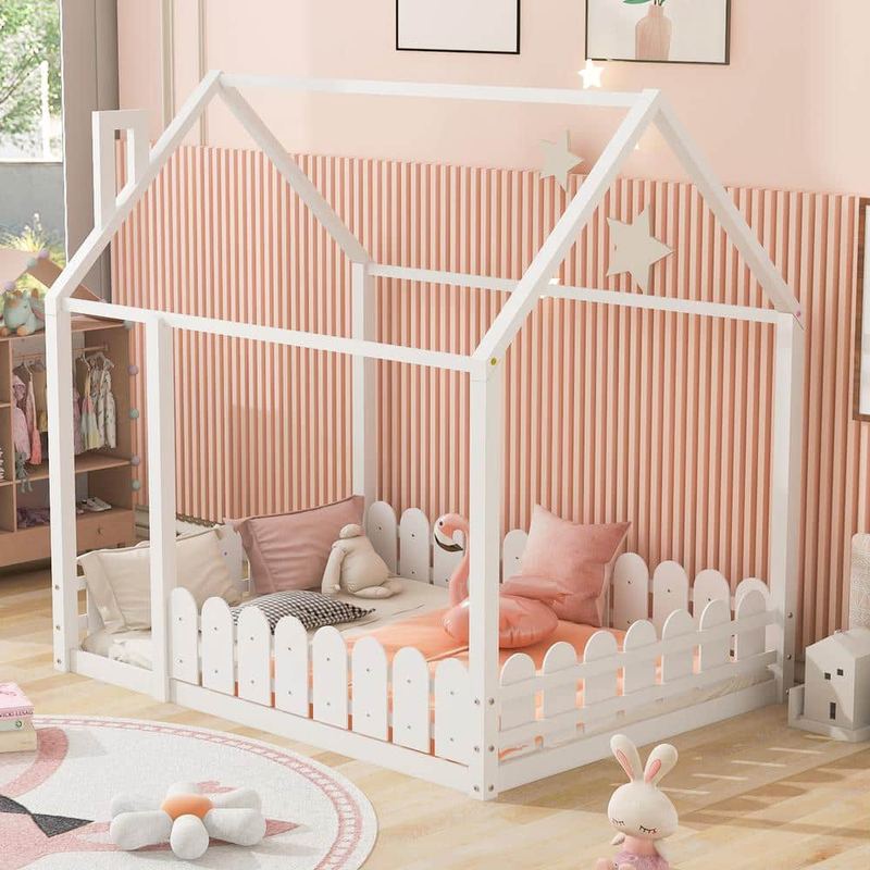 Harper & Bright Designs - White Full Size Wood House Bed with Fence