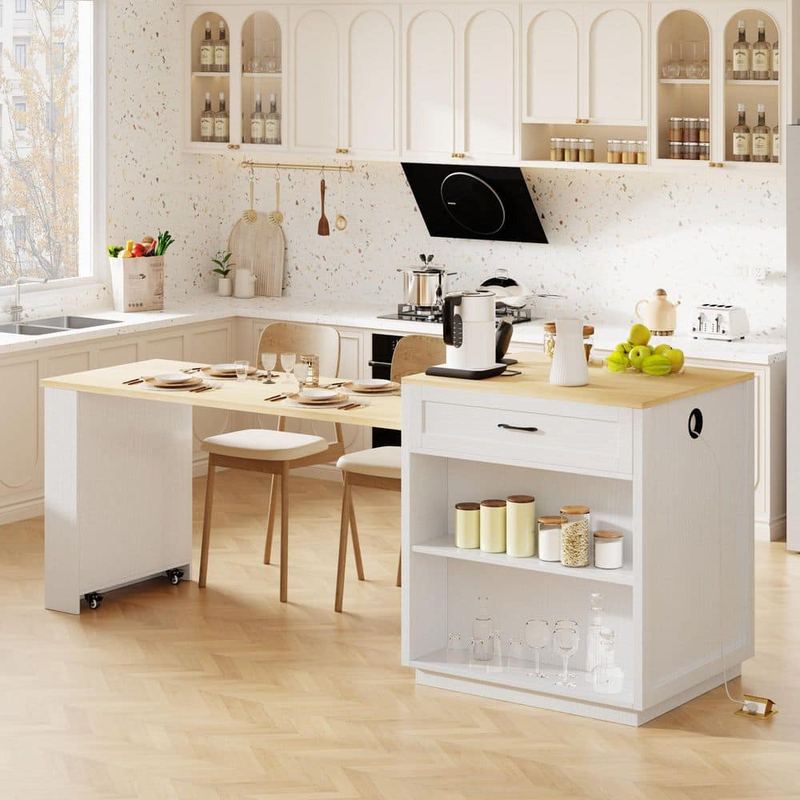 Ziyudura - Extendable Dining Table White Wood Top 82.7 in. Kitchen Island with Double-Sized Storage, Power Outlet