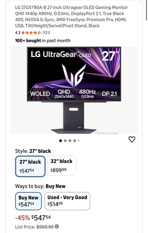 $999.99 LG UltraGear 27" OLED 480Hz Gaming Monitor for $547.54