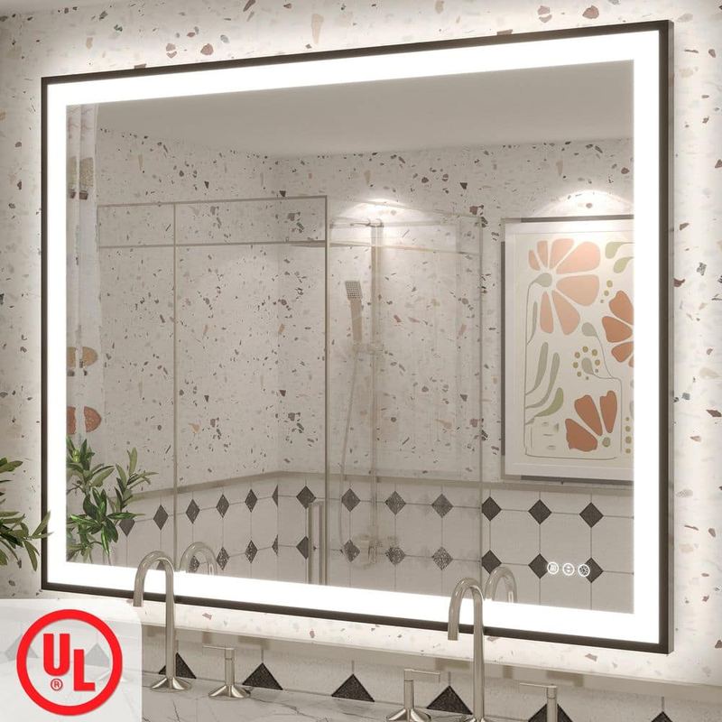Apmir - 48 in. W x 38 in. H Rectangular Space Aluminum Framed Dual Lights Anti-Fog Wall Bathroom Vanity Mirror in Tempered Glass