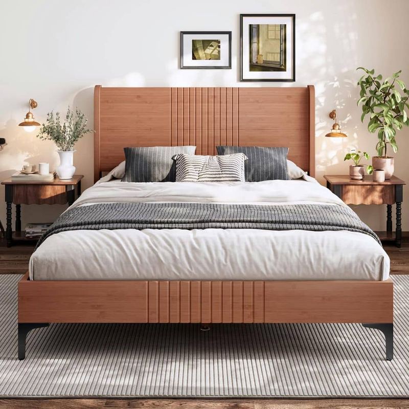 Polibi - Natural/Brown Bamboo Frame Full Size Platform Bed with Bamboo-Made Structure,Headboard,Round Corner Design