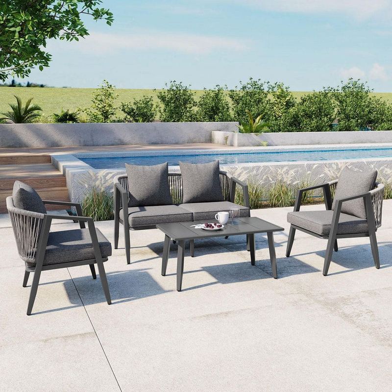 Harper & Bright Designs - 4-Piece Gray Metal Patio Conversation Set with Gray Cushions and Coffee Table