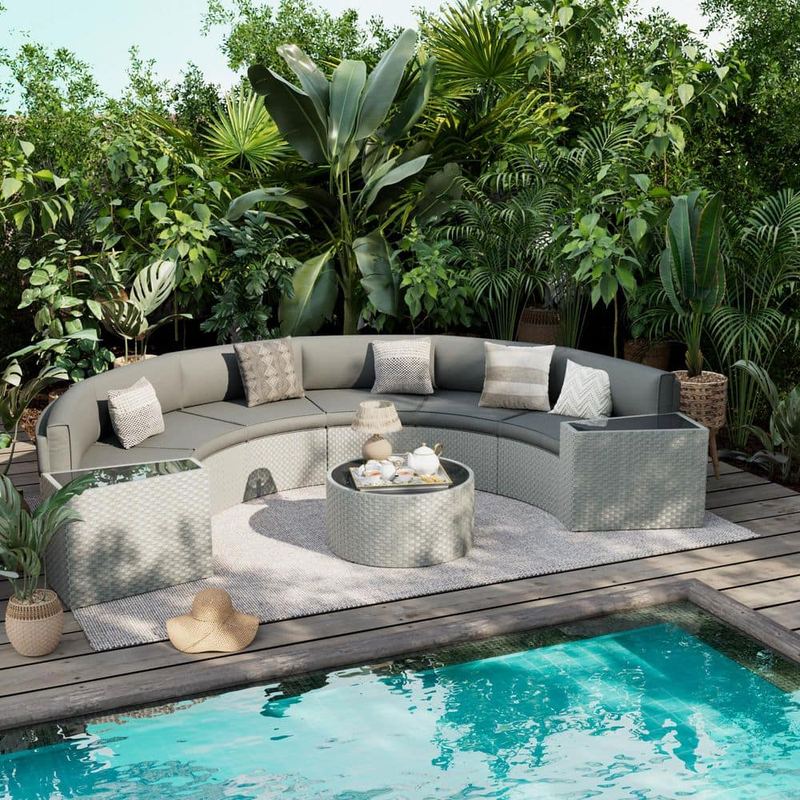 ELPOSUN - 6-Person 9-Piece Fully Assembled Wicker Curved Half-Moon Outdoor Patio Conversation Set with Gray Cushions