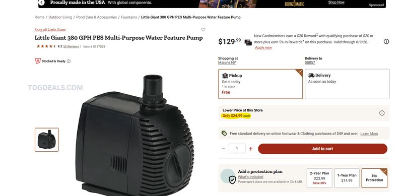 $129.99 Little Giant 380 GPH PES Multi-Purpose Water Feature Pump for $24.99 (Pickup)