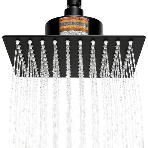 8 Inch Square Rain Shower Head with Filter for Hard Water — 304 Stainless Steel with 15-Stage Purification and High Pressure Spray, Matte Black