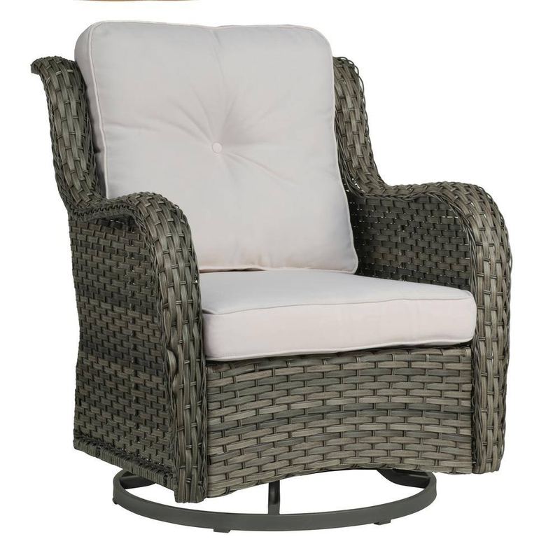 Uixe - Wicker Rattan Taupe Patio Outdoor Rocking Chair Swivel with Beige Cushions (Set of 1)