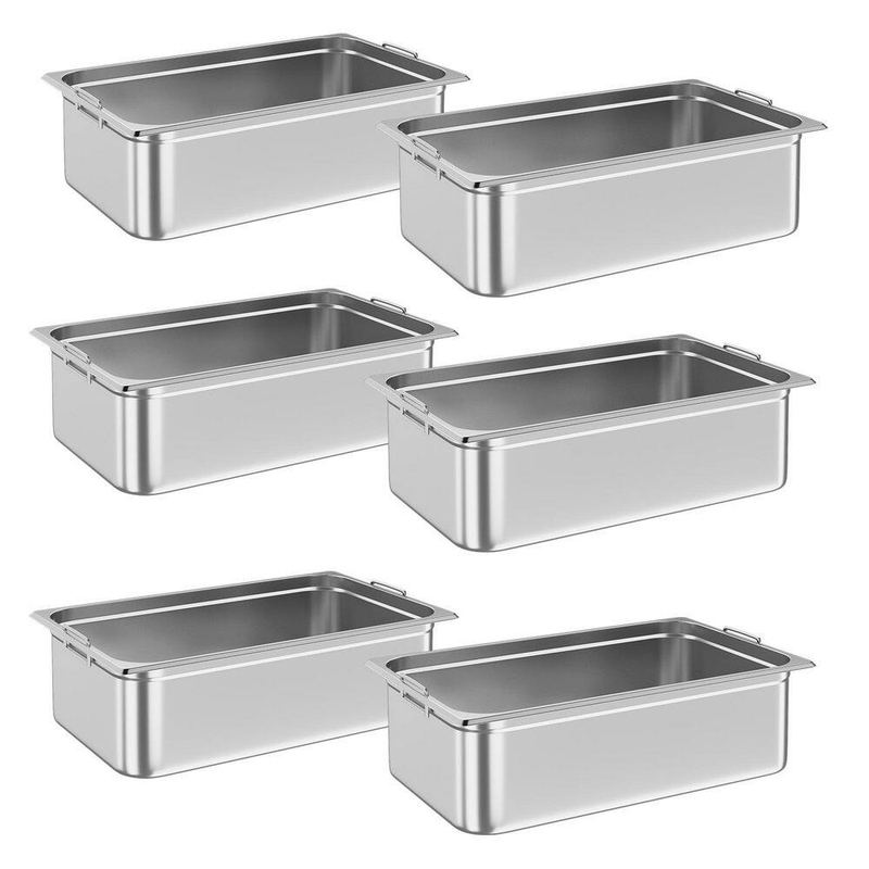 Garvee - 6-Piece Stainless Steel Steam Table Hotel Pans, Full Size 6 in. Deep Roasting Pan Set with Handle