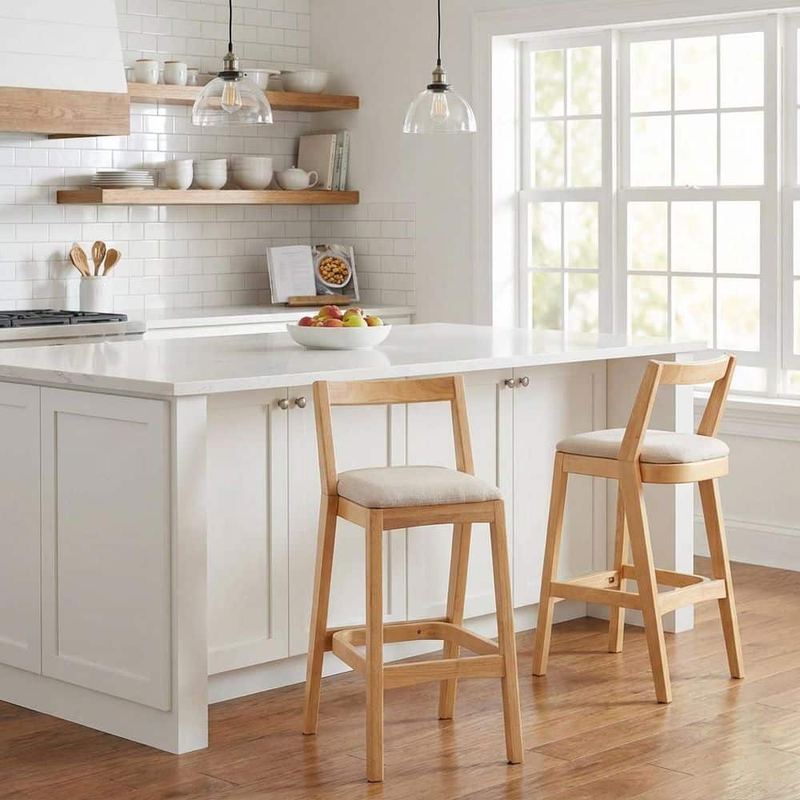 Polibi - 30 in. H Beige/Natural Rubber Wood Bar Stool with Fabric Seat Set of 2