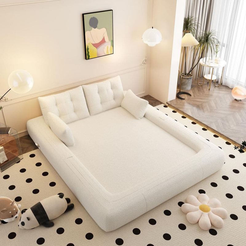 Qualler - 78.7 in. Straight Arm Teddy Fabric Rectangle 3-in-1 Multi-Functional Foldable Sofa in Beige