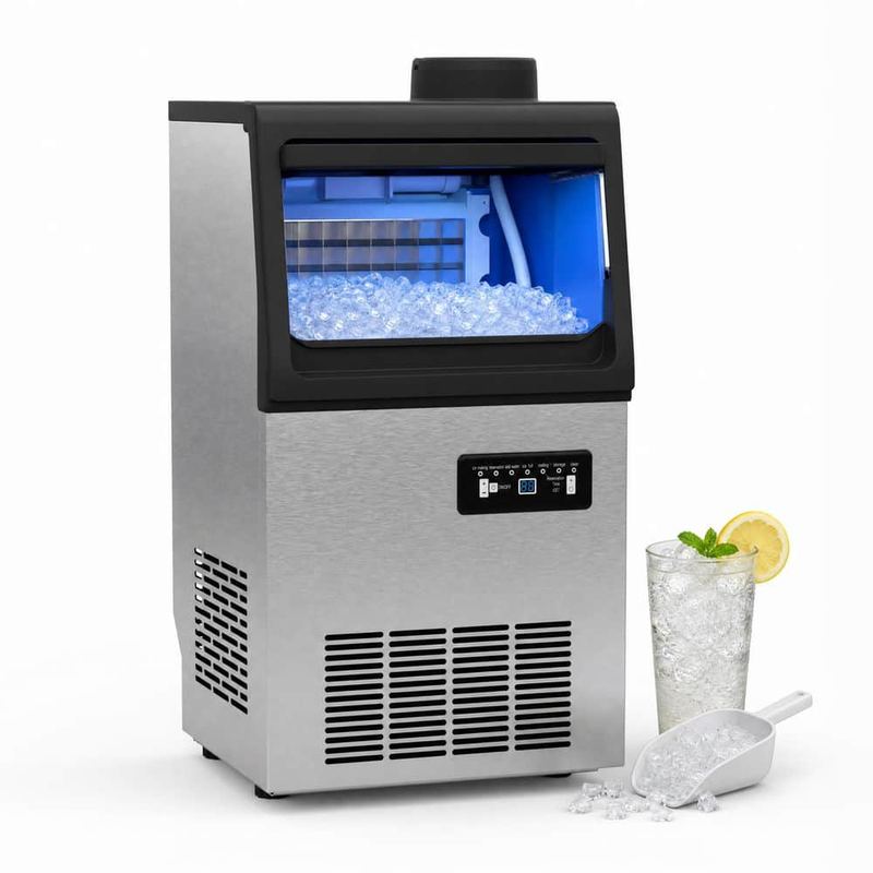 Nuxifm - 13.5 in. 110 lb. Nugget Commercial Freestanding Ice Maker in Silver with 20 lb. Storage, Dual Water Inlet