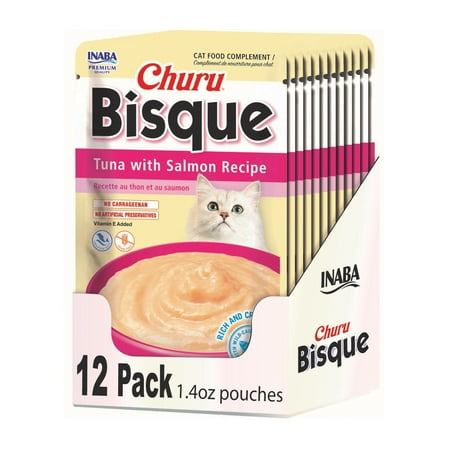 Inaba Churu Bisque Lickable Wet Cat Topper, 1.4 oz Pouch, 12 Pouches, Tuna with Salmon