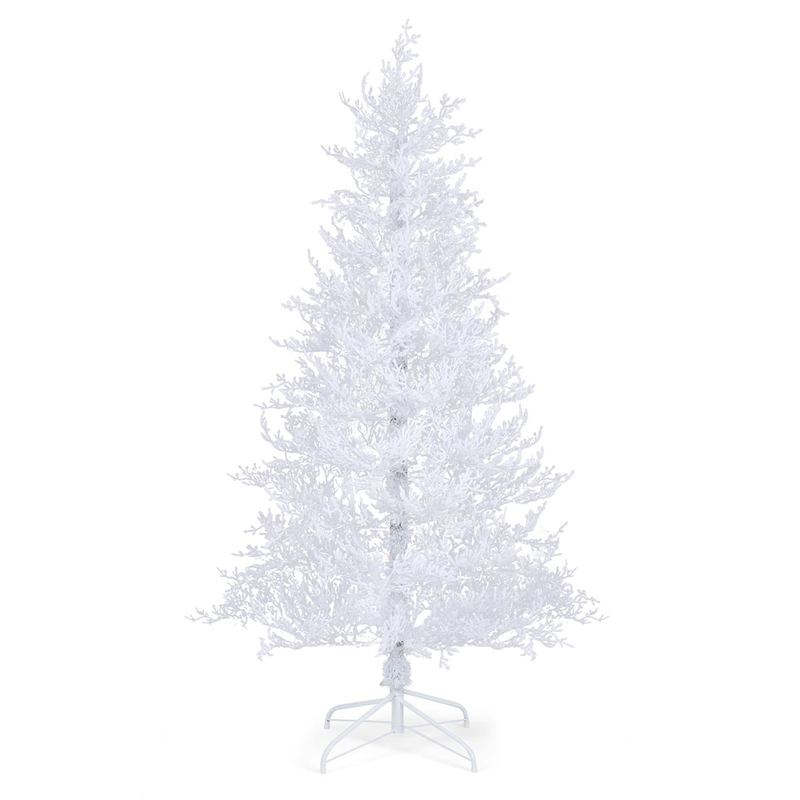 Costway - 6 FT Pre-Lit Christmas Tree Snow Flocked Hinged 11 Lighting Modes with 300 Lights - White