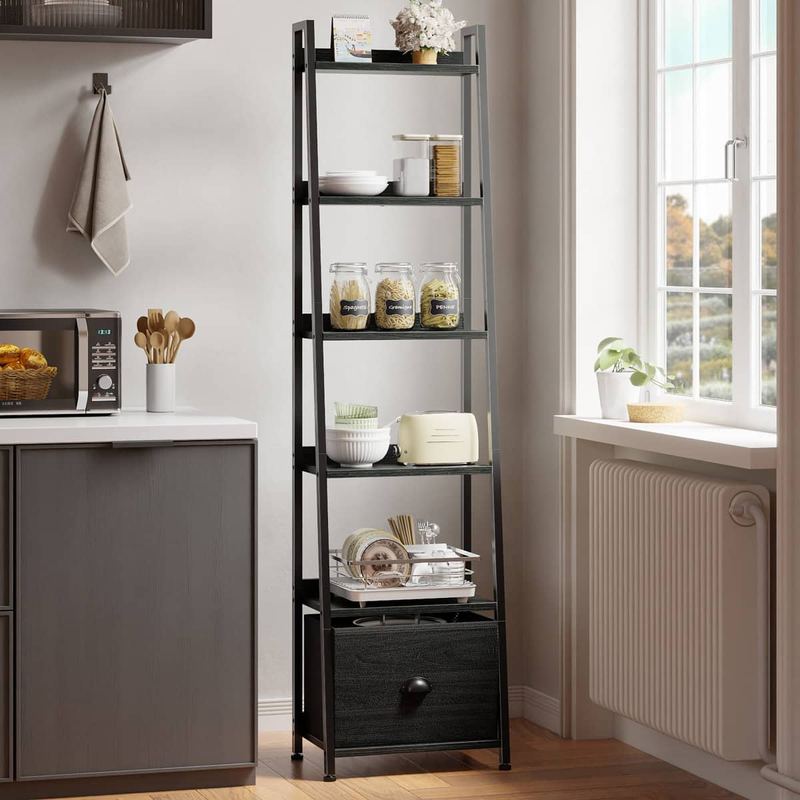 Furnulem - 5 Tier Ladder Shelf with Storage Drawers Wooden Metal Frame Freestanding Bookcase for Living Room - Black