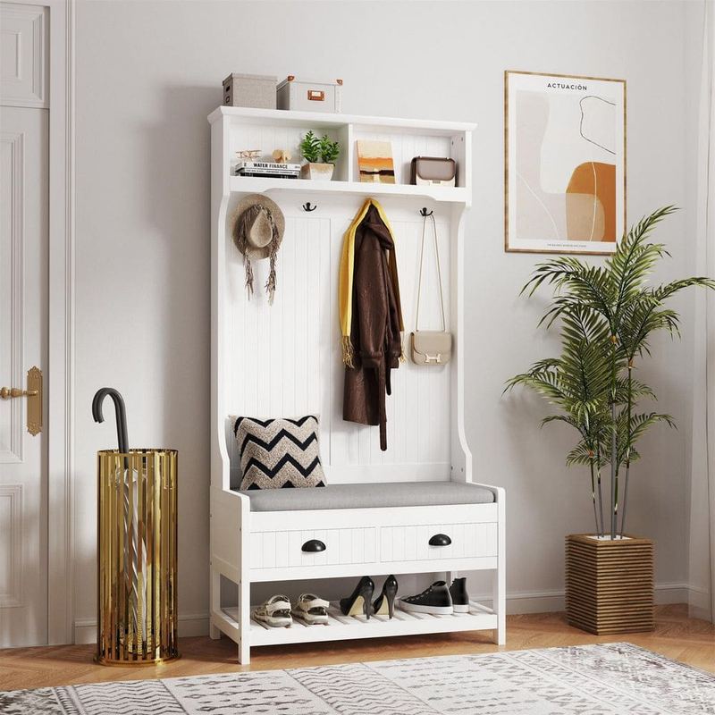 Seafuloy - 3-in-1 Wooden Entryway Coat Rack and Shoe Rack Upholstered Bench with 2 Storage Drawers and 4 Coat Hooks, White
