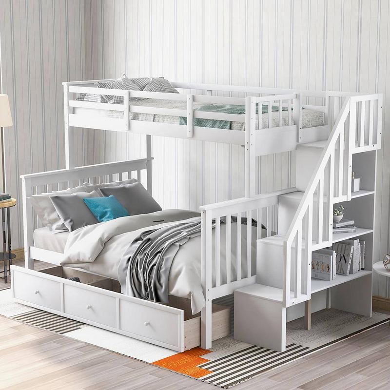 Polibi - White Stairway Twin-Over-Full Bunk Bed with Drawer, Storage and Guard Rail for Bedroom, Dorm, for Adults