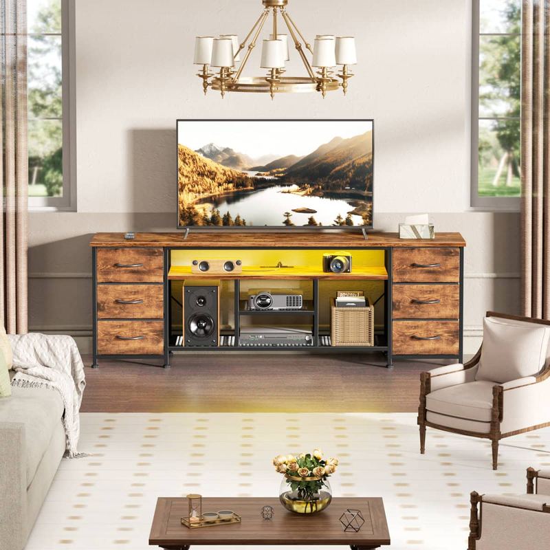 Furnulem - 71 In Modern LED TV Stand with Power Outlets 6 Drawer Entertainment Center Media Console with Storage for Living Room - Brown
