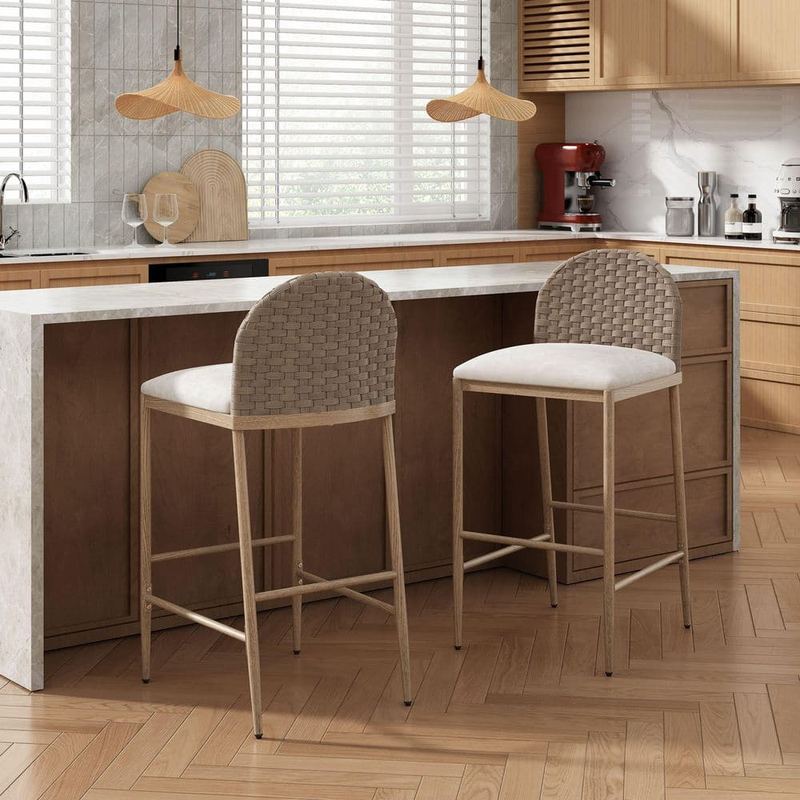 CHRISTOPHER KNIGHT HOME - Corwyn Rustic 29.5 in. Polyester Upholstered Metal Frame Bar Stools with Rattan Woven Back, Beige + Brown, Set of 2