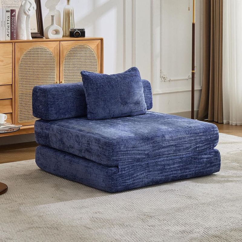 Qualler - 39.37 in. Armless Chenille Fabric Compression Sectional Sofa in Dark Blue