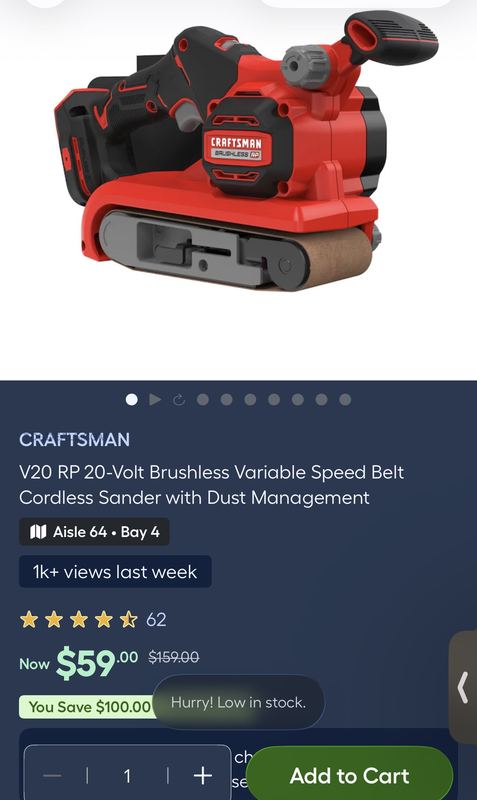 $159 CRAFTSMAN BELT SANDER FOR $59