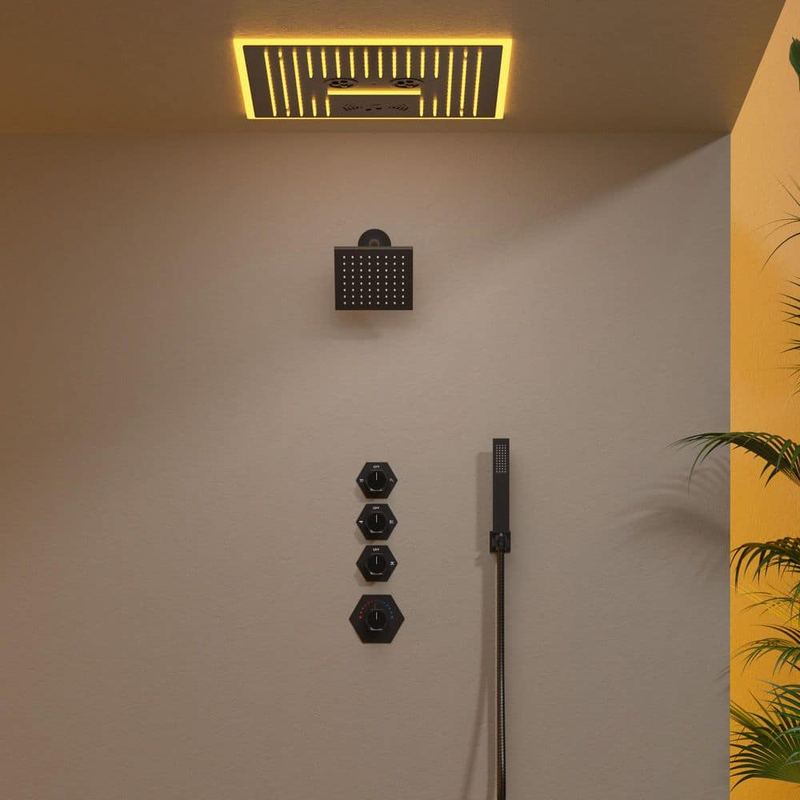 GRANDJOY - Wall Mount 12 in. and 12 in. 8-Spray Dual Fixed and Handheld Shower Head with Thermostatic 2.5 GPM in Matte Black