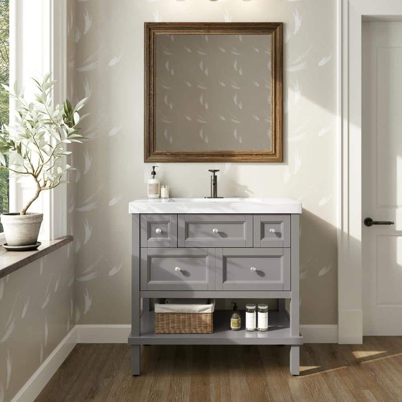 Glacier Bay - Ashland 37 in. Single Sink Taupe Gray Freestanding Bath Vanity with White Cultured Marble Top (Assembled)