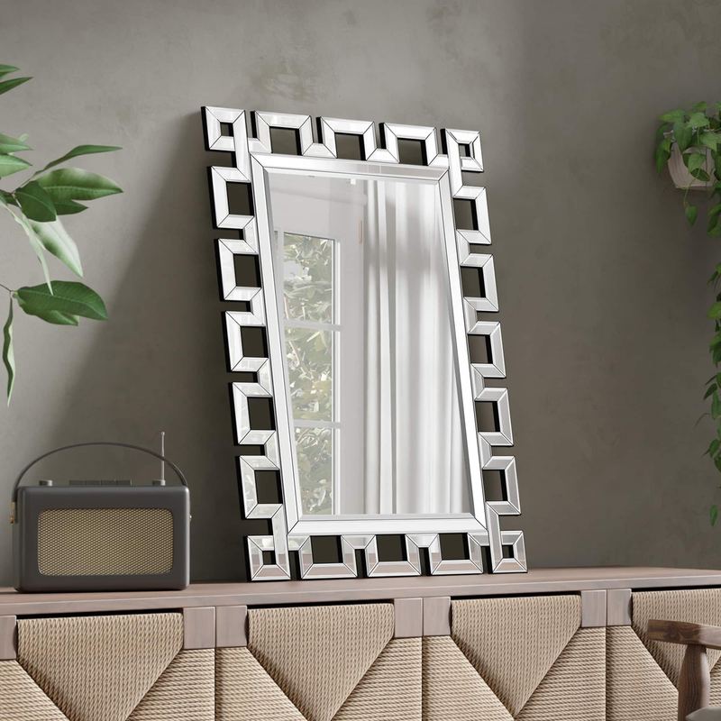 Breezary - 36 x 24 Modern Rectangle Wall Mirror Beveled Crystal Hollow Frame Decorative Vanity for Bathroom Bedroom Living Room - Black