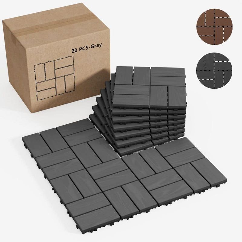 GOGEXX - 1 ft. x 1 ft. Interlocking Solid Fir Wood Composite Deck Tile Flooring Tile in Gray (20 Per Set)