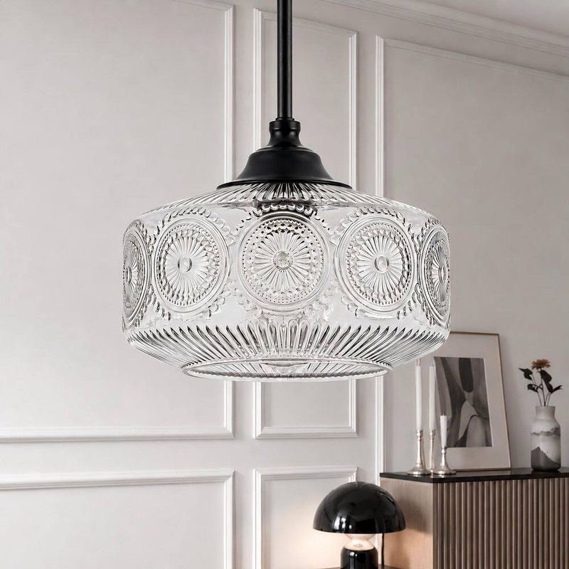 Merbotin - RayHome 1-Light Black Pendant Light with Flower Glass Shade for Kitchen Island, Living Room, Entryway