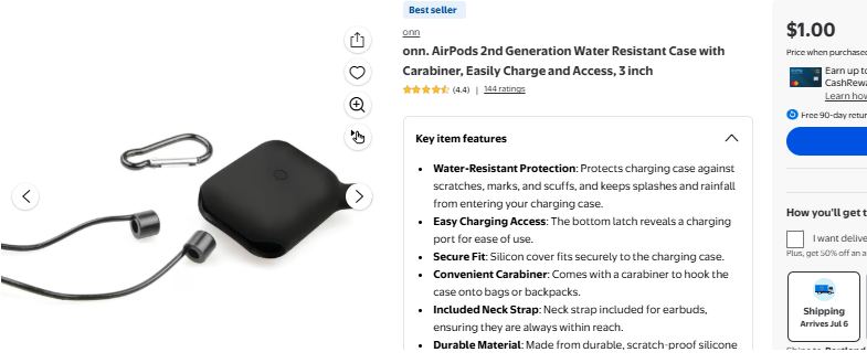 onn. AirPods 2nd Generation Water Resistant Case with Carabiner, Easily Charge and Access, 3 inch