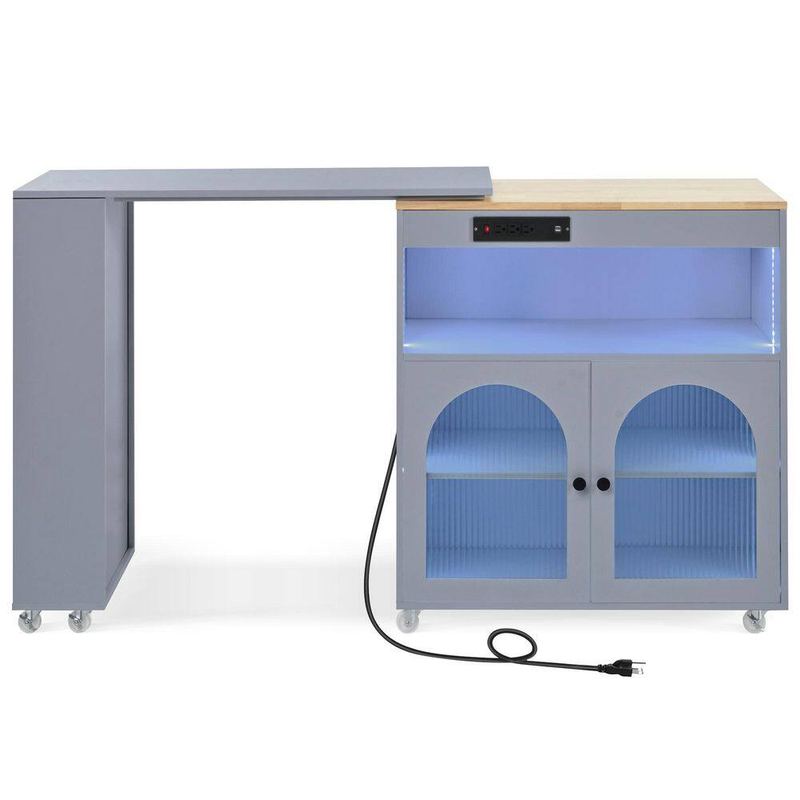 Ziyudura - LED Lights Gray Wood Top 34 in. Kitchen Island Cart with Power Outlet, 2 Fluted Glass Doors