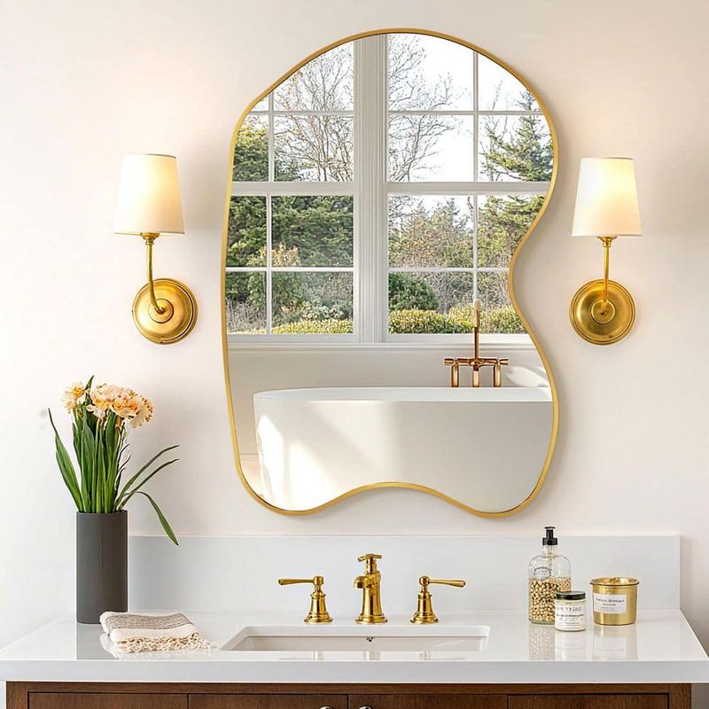 Hochwertiges - 20 in. W x 32 in. H Irregular Gold Aluminum Alloy Framed Asymmetrical Wall Mirror with Functional Charm