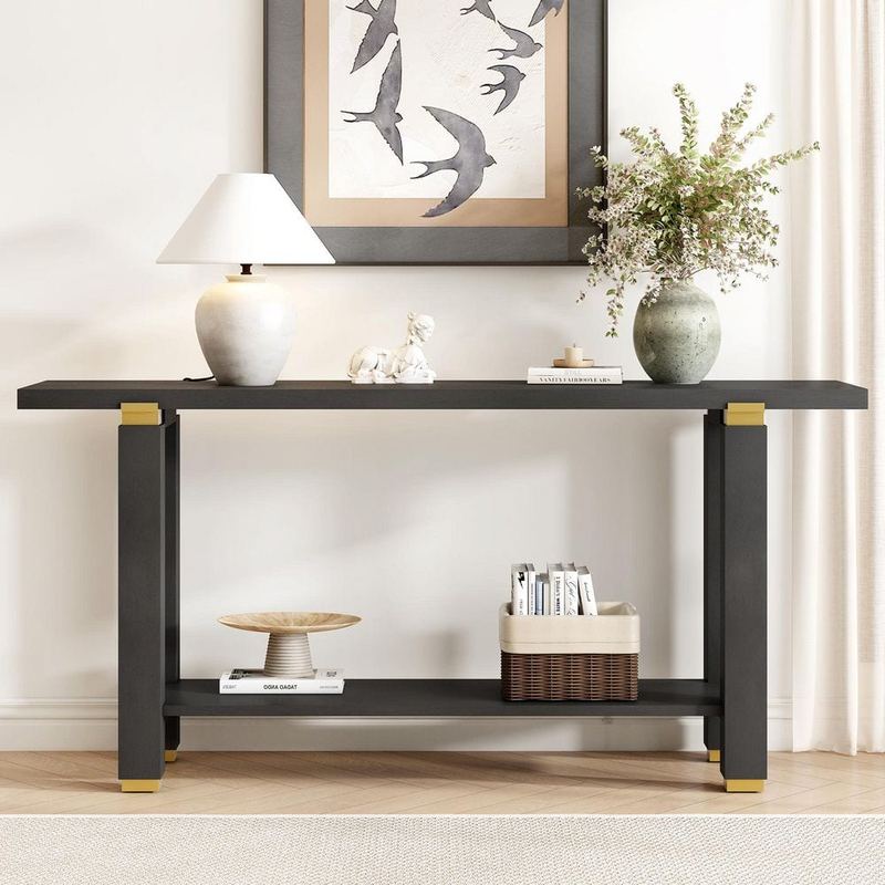 Polibi - 63 in. Black Rectangle Pine Wood Console Table with Metal Accents and Built-in Shelf