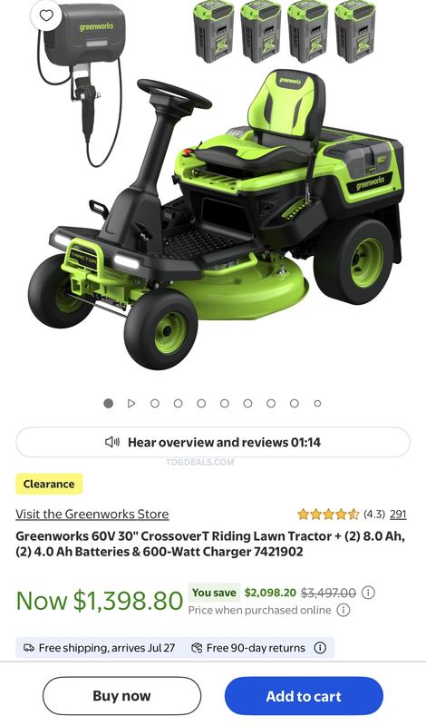 MAJOR DEAL: Greenworks 60V Riding Lawn Tractor