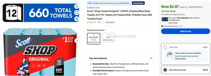 SCOTT SHOP TOWELS 12 ROLLS — $2.87