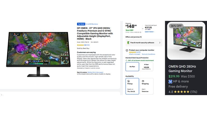 HP OMEN 27" IPS QHD 280Hz Gaming Monitor FOR $148.99 AT Best Buy