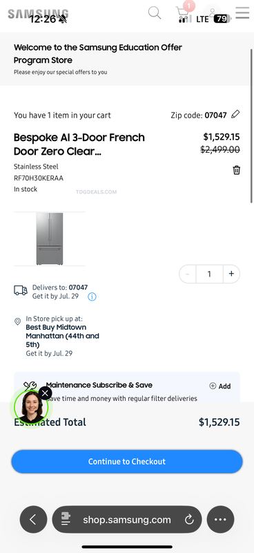 SAMSUNG BESPOKE AI FRENCH DOOR FRIDGE — $1,379.15 EPP