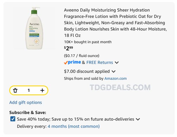 $3 Aveeno Daily Moisturizing Sheer Hydration Lotion
