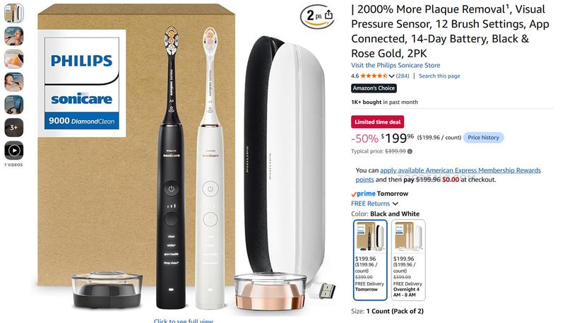 PHILIPS SONICARE 9000 DIAMONDCLEAN 2-PACK — $199.96