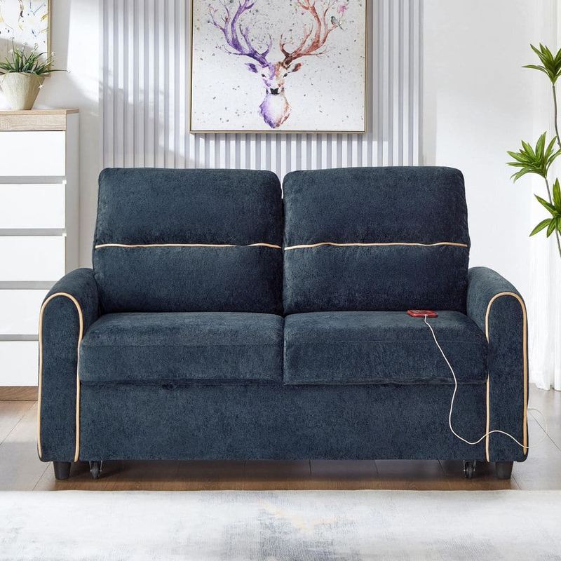 Polibi - 57.8 in. Square Arm Chenille Rectangle Sofa in Blue with Adjustable 3 -Position Backrest and Charging Ports