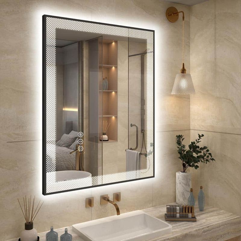 Apmir - 36 in. W x 28 in. H Rectangular Framed Checkerboard LED Lighted Anti-Fog Tempered Glass Wall Bathroom Vanity Mirror