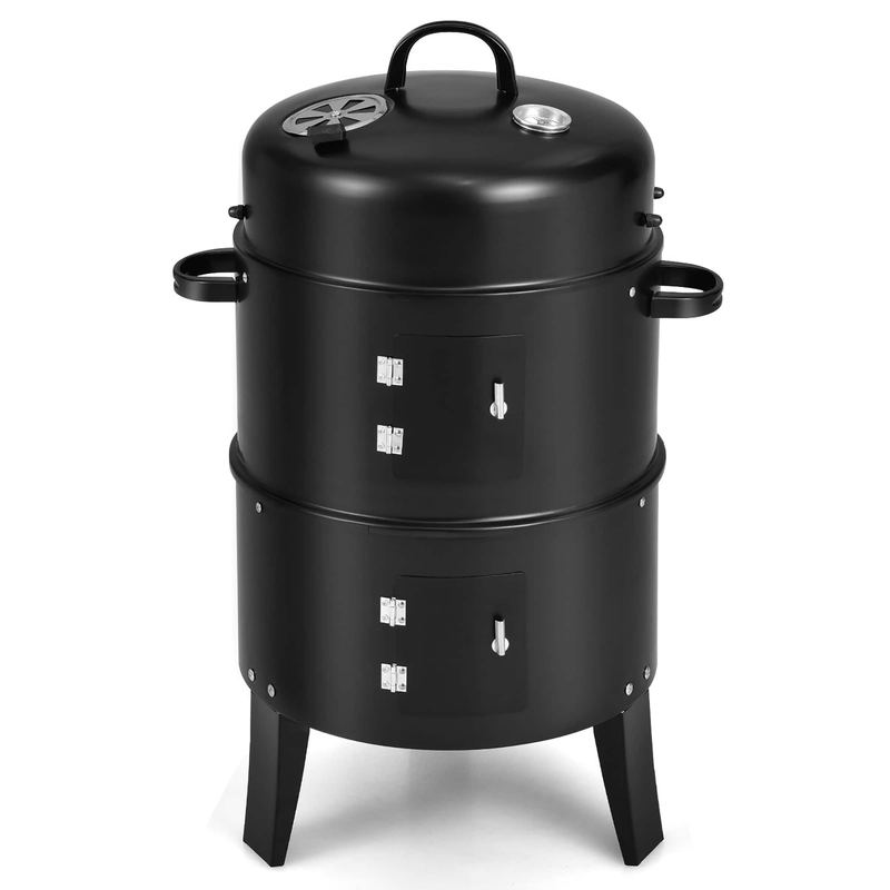 Costway - 3-in-1 Vertical Charcoal Smoker Portable BBQ Smoker Grill with Detachable 2 Layer - Black