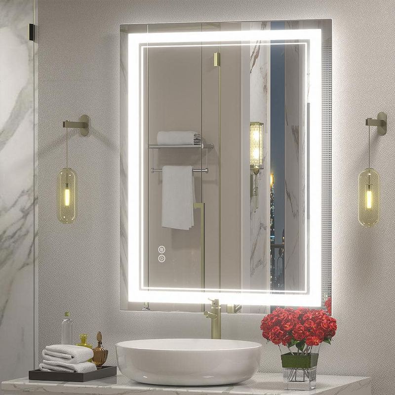 Apmir - 28 in. W x 36 in. H Rectangular Frameless 192 LEDs/m Front Lighted Anti-Fog Tempered Glass Wall Bathroom Vanity Mirror
