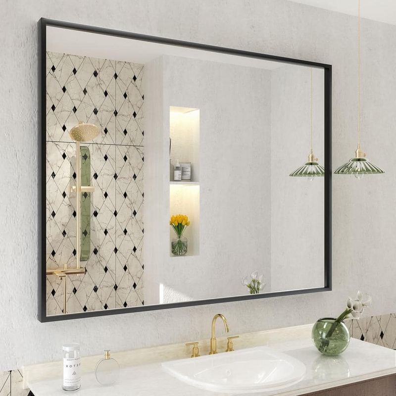 Apmir - 40 in. W x 32 in. H Rectangular Aluminum Alloy Framed and Tempered Glass Wall Bathroom Vanity Mirror in Matte Black