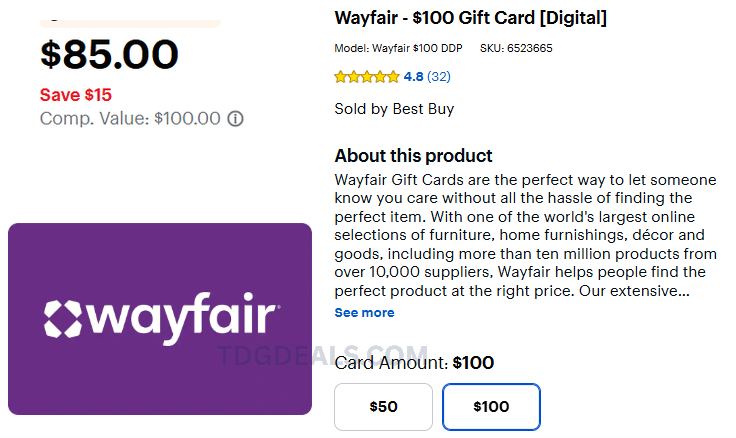 WAYFAIR EGIFT CARD DEAL $85 💸