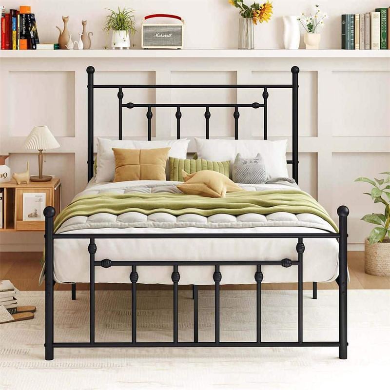 Costway - Black Iron Frame Queen Size Platform Bed with Headboard Under-Bed Storage Mattress Foundation