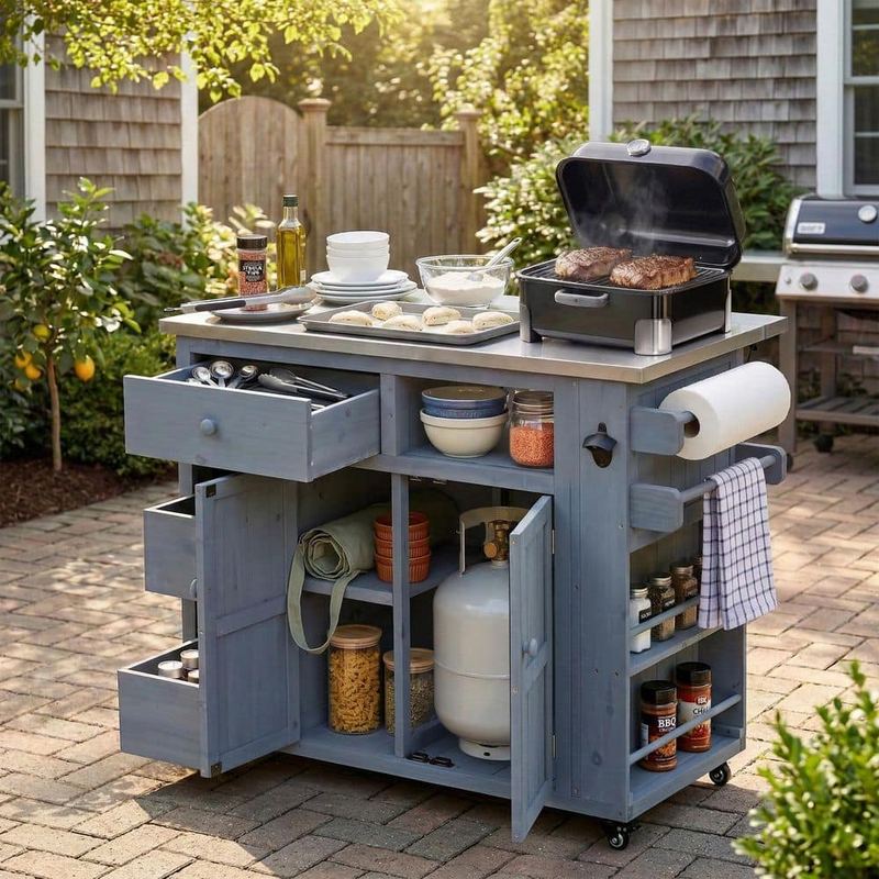 Polibi - Gray Stainless Steel Top Kitchen Cart with Side Spice Rack, Drawers, Storage Cabinet