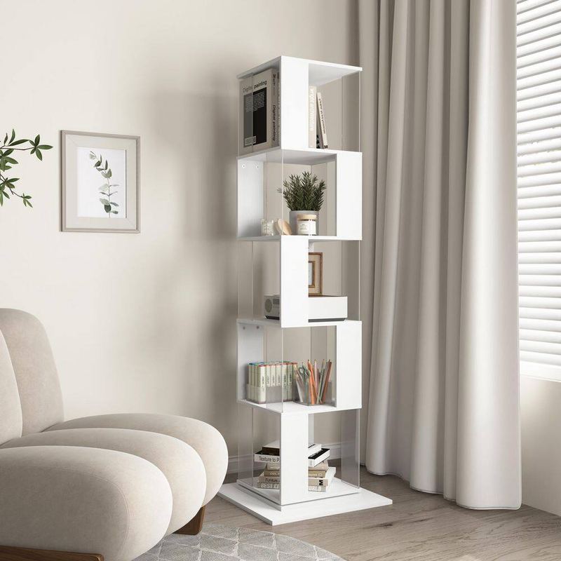 Nestfair - White 63 in. Tall 5 Tier Rotating Floor Rack Bookcase with Acrylic Plate Bookshelf