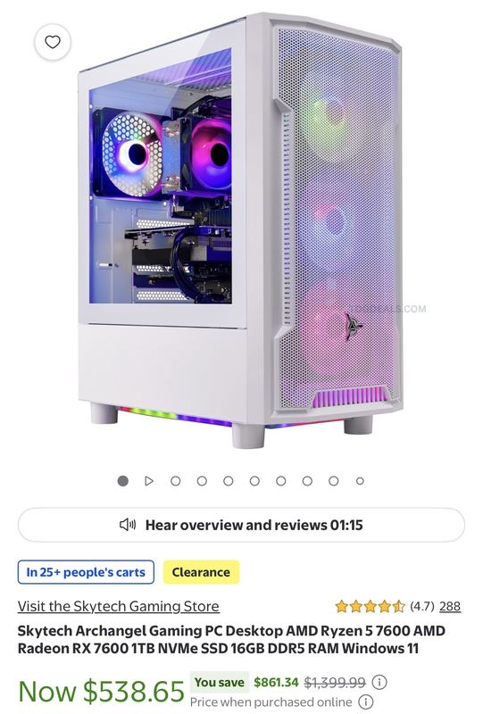 Skytech Archangel Gaming PC is down to $538.65 at Walmart (was $1,399.99).